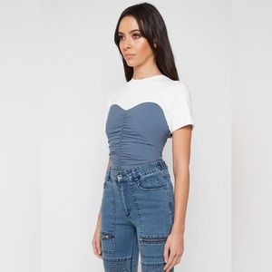 Blue and White Contrast Ruched Corset Style Top